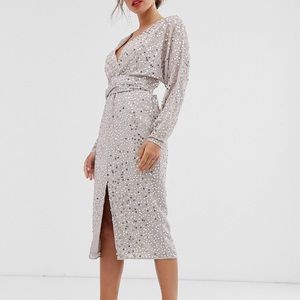ASOS midi dress with batwing sleeve and wrap waist in scatter sequin